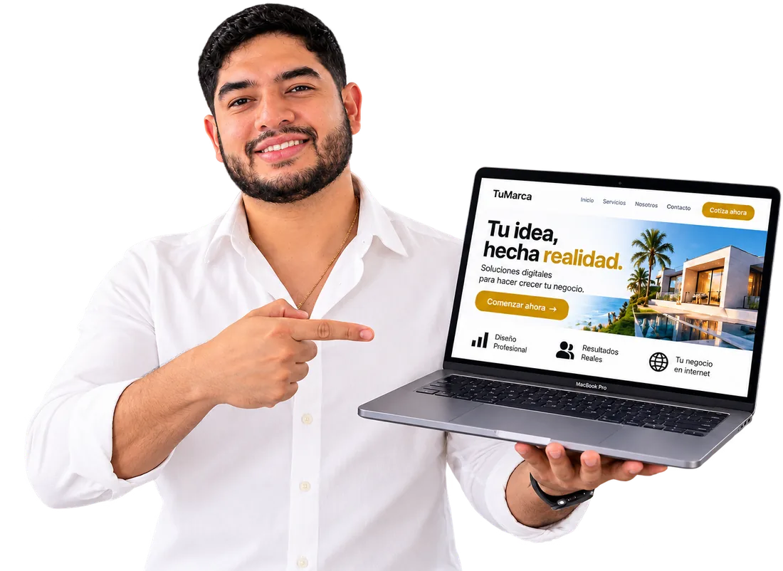 Jesús Guilarte con una laptop mostrando una página web