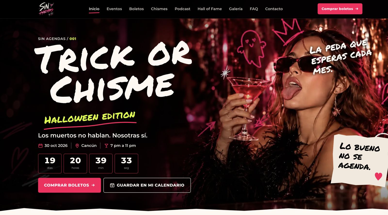 Portada de sinagendas.com: venta de boletos del evento Trick or Chisme con cuenta regresiva