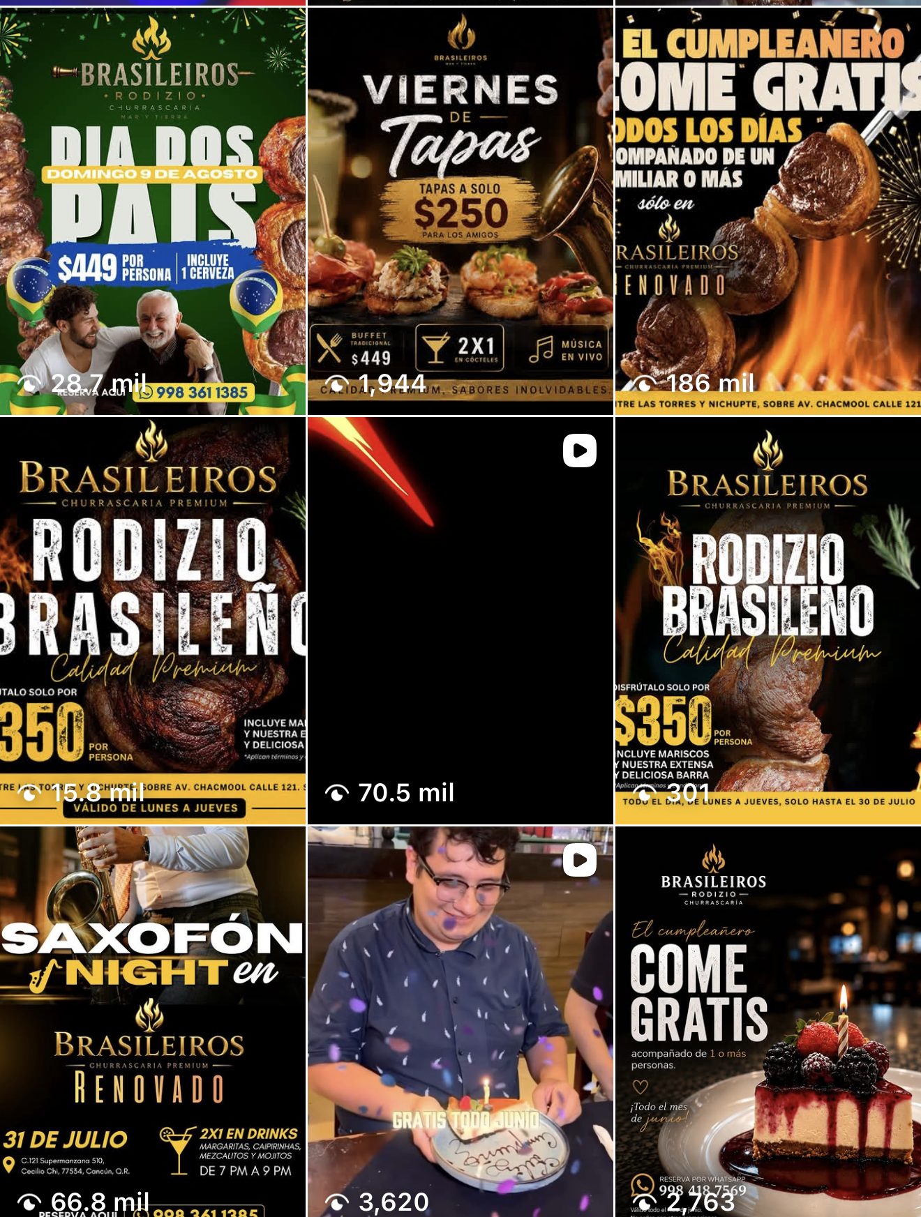 Parrilla de Instagram de Brasileiros Mar y Tierra con las vistas de cada publicación: 186 mil, 70.5 mil, 66.8 mil, 28.7 mil