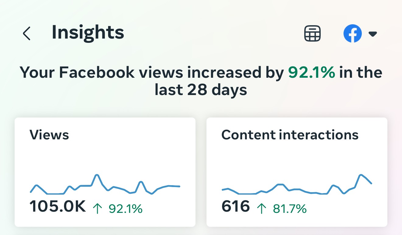 Captura de Meta Business Insights mostrando vistas +92.1% en 28 días