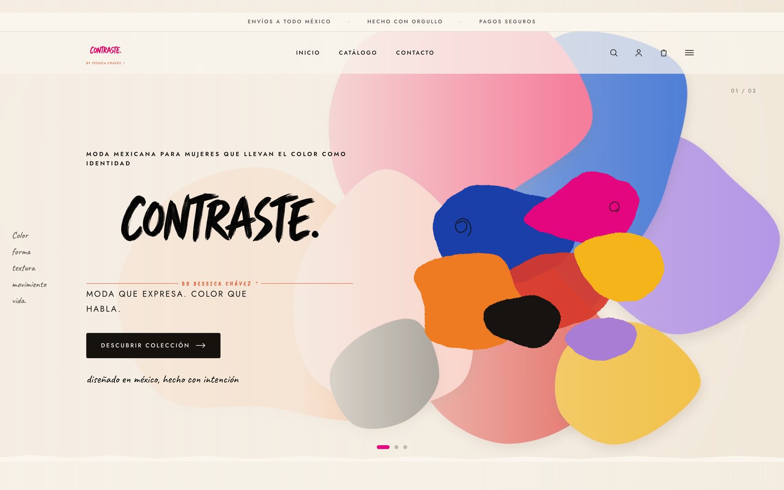 Portada de modacontraste.com: tienda en línea de CONTRASTE by Yessica Chávez, moda mexicana de color